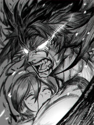  1boy blood crying devilman devilman_(character) devilman_crybaby eye_trail fangs female fudou_akira glowing glowing_eyes greyscale hair_between_eyes light_trail makimura_miki monochrome shen_shipi_(agil548g6h6) short_hair spiked_hair streaming_tears tears 