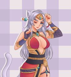  1girls 2d :3 accessory armwear big_breasts blue_eyes blush blush_lines blushing_at_viewer breasts busty cat_ears cat_girl cat_tail catgirl cleavage curvy cute dress eye_contact female female_focus female_only hi-rez_studios large_breasts lian_(paladins) light-skinned_female light_skin looking_at_viewer nail_polish one_eye_closed painted_nails paladins raripop red_nails sideboob silver_hair simple_background smile smiling smiling_at_viewer solo solo_female solo_focus tagme tail thighs voluptuous wink winking winking_at_viewer 