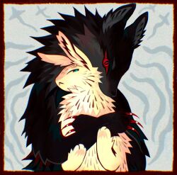  :&lt; ambiguous/ambiguous ambiguous_gender anthro black_body black_fur border brown_border brown_markings canid canine canis claws curved_claws digital_drawing_(artwork) digital_media_(artwork) duo fernwhisker fur grey_markings hi_res holding_arm hug hugging_another hugging_from_behind lagomorph leporid long_claws looking_at_another mammal markings paws rabbit red_claws red_eyes tan_body tan_fur teal_eyes wolf 