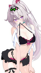  aquamarine725 bare_shoulders bikini black_bikini breasts clothes_in_mouth commentary_request female hair_intakes highres honkai_(series) honkai_impact_3rd large_breasts long_hair looking_at_viewer navel official_alternate_costume official_alternate_hairstyle ponytail purple_eyes simple_background solo stomach swimsuit thelema_nutriscu thelema_nutriscu_(roseate_summer) thigh_strap thighs very_long_hair white_background white_hair 