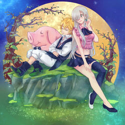  2boys absurdres animal blonde_hair blue_eyes elizabeth_liones female hawk_(nanatsu_no_taizai) highres long_hair meliodas moon multiple_boys nanatsu_no_taizai pig shirt short_hair skirt sleeping tree 