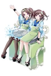  2girls arm_up bati15 brown_hair commentary_request dissolving_clothes highres japanese_clothes kaden_shoujo multiple_girls official_art okobo personification purple_eyes sandals short_hair short_sleeves side_ponytail sitting smile swept_bangs tasuki top-load_washing_machine tube two_side_up washing_machine water water_drop wristband 