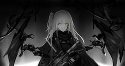  absurdres ar-15 assault_rifle capelet closed_mouth commentary_request female girls&#039;_frontline glowing glowing_eyes gun highres holding holding_gun holding_weapon long_hair looking_at_viewer machinery monochrome one_side_up photoshop_(medium) rifle scarf scope sidelocks solo spot_color st_ar-15_(girls&#039;_frontline) trigger_discipline upper_body weapon wu_lun_wujin yellow_eyes 