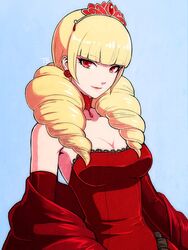  bare_shoulders blonde_hair breasts choker cleavage closed_mouth commentary_request crown dress drill_hair earrings female jewelry long_hair looking_at_viewer mini_crown red_dress red_eyes rose_bernstein smile solo tb_(spr1110) the_king_of_fighters twin_drills twintails 