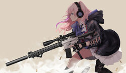  absurdres ar-15 blue_eyes commentary feet_out_of_frame female fingerless_gloves girls&#039;_frontline gloves gun headphones highres hood hoodie jacket left-handed long_hair multicolored_hair pink_hair pleated_skirt rifle scope shell_casing single_thighhigh skirt solo st_ar-15_(girls&#039;_frontline) streaked_hair suppressor thighhighs trigger_discipline weapon wu_lun_wujin 