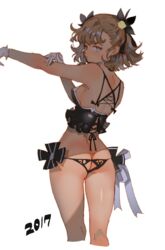  2017 absurdres aqua_eyes arm_up arutera ass ass_cutout back backless_panties banned_artist black_camisole black_panties blush breasts brown_hair camisole dark from_behind frown gloves hair_ribbon half-closed_eyes hand_on_own_elbow highres kneepits looking_at_viewer looking_back original panties ribbon shiny shiny_hair short_hair simple_background small_breasts solo thighs underwear white_background white_gloves 