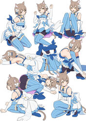  1boy :3 :d absurdres animal_ears ankle_ribbon arm_ribbon arm_support armpits arms_up ass bad_id bad_pixiv_id bare_shoulders black_legwear blue_bow blue_choker blue_dress blue_footwear blue_legwear blue_ribbon bob_cut bolo_tie bow brown_hair cat_ears choker clenched_hands closed_mouth clothes_lift collarbone commentary cross-laced_clothes detached_sleeves dress dress_bow dress_lift eyes_visible_through_hair felix_argyle frilled_dress frilled_legwear frills front-tie_top full_body hair_between_eyes hair_ribbon hairbow highres jewelry jumping knee_up kneeling knees_together_feet_apart lace lace-trimmed_dress lace_trim large_bow layered_dress leaning_forward leg_ribbon legs_up looking_at_viewer looking_to_the_side lying male_focus momosuke_(ishakry) multiple_views on_side on_stomach open_mouth orange_eyes otoko_no_ko pantyhose parted_bangs pendant re:zero_kara_hajimeru_isekai_seikatsu ribbon seiza shoes short_dress short_hair shoulder_blades simple_background sitting smile spaghetti_strap squatting striped_clothes striped_dress striped_leggings striped_ribbon thighhighs thighhighs_over_pantyhose upskirt vertical-striped_clothes vertical-striped_dress vertical-striped_leggings white_background white_bow white_dress 