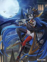  bat_(animal) bird black_hair black_sclera blue_hair bodysuit closed_eyes cloud colored_sclera commentary_request copyright_name facial_mark female flute force_of_will hair_ornament hair_stick instrument moon multicolored_hair night night_sky official_art owl pale_skin red_eyes reiya_(force_of_will) sandals sitting sky solo sparkle tattoo thighhighs thighs two-tone_hair vampire yuko_(uc_yuk) 