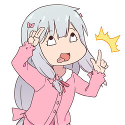  +tic_nee-san bad_id bad_pixiv_id bow coffeiz_p commentary_request eromanga_sensei female grey_hair hairbow index_finger_raised izumi_sagiri long_hair low-tied_long_hair lowres pajamas parody photoshop_(medium) pink_bow pointing solo tongue tongue_out white_background 