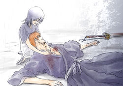  101sq 1boy black_hair bleach blood closed_eyes female holding injury japanese_clothes kneeling kuchiki_rukia kurosaki_ichigo lying orange_hair short_hair sword weapon 