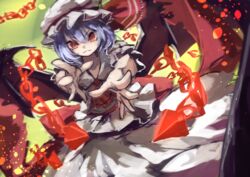  &gt;:( ascot bat_wings berabou blue_hair brooch chains commentary_request fangs female foreshortening frown hat hat_ribbon jewelry looking_at_viewer miserable_fate mob_cap puffy_short_sleeves puffy_sleeves reaching reaching_towards_viewer red_eyes red_ribbon remilia_scarlet ribbon short_hair short_sleeves slit_pupils solo touhou v-shaped_eyebrows wings 