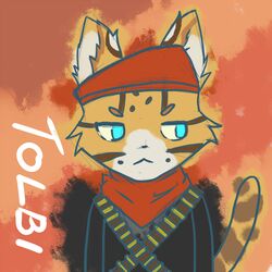  1:1 2015 anthro bandana blue_eyes clothing felid feline hat headgear headwear kerchief konami leopardus male mammal margay metal_gear ocelot revolver_ocelot simple_background solo tolbi tolbi_angara 