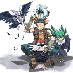  1boy blackwing_blizzard_the_far_north blackwing_gale_the_whirlwind blackwing_mistral_the_silver_shield blackwing_vayu_the_emblem_of_honor blonde_hair crow_hogan duel_monster fingerless_gloves gloves official_art one_eye_closed takahashi_kazuki yu-gi-oh! yu-gi-oh!_5d&#039;s 