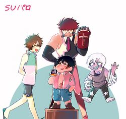  4boys adapted_costume amethyst_(steven_universe) bad_id bad_pixiv_id bike_shorts black_hair blush brown_hair chest_jewel chibi colored_skin crossover cup denim denim_shorts floating forehead_jewel full_body fusion garnet_(steven_universe) gem kekkai_sensen klaus_von_reinhertz leonardo_watch mebu_(coconewnel) mug multiple_boys mutton_chops name_connection necktie pale_skin pearl_(steven_universe) pink_skin print_mug purple_skin red_hair red_skin scar shorts smile standing_on_object steven_a._starphase steven_quartz_universe steven_universe tusks white_hair zap_renfro 