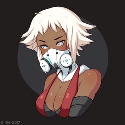  2017 5-ish_(crevettavt) bad_id bad_instagram_id bad_link blue_eyes breasts character_request cleavage dark_skin elbow_gloves female gas_mask gloves let_it_die mask medium_breasts short_hair simple_background upper_body white_hair 