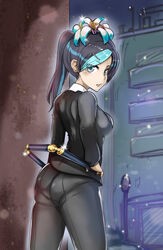  aqua_hair ass black_hair blue_eyes breasts commentary female flower from_behind hair_flower hair_ornament hairclip long_hair looking_back medium_breasts multicolored_hair one-punch_man pants pantylines photoshop_(medium) ponytail sansetsukon_no_lily solo streaked_hair the_golden_smurf three_section_staff two-tone_hair 