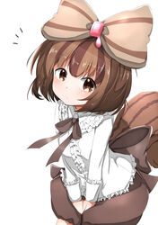  between_legs black_ribbon bow brown_eyes brown_hair chokiyurui_(show_by_rock!!) commentary_request expressionless female flat_chest frilled_shirt frilled_shirt_collar frills hairbow hand_between_legs head_tilt highres light_blush long_sleeves looking_at_viewer luluhavinera multicolored_hair notice_lines own_hands_together ribbon shirt short_hair shorts show_by_rock!! simple_background solo squirrel_tail streaked_hair striped striped_bow tail v_arms white_background white_shirt 