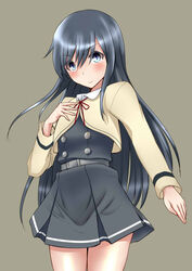  asashio_(kancolle) asashio_kai_ni_(kancolle) belt black_hair blue_eyes blush buttons commentary_request double-breasted dress female grey_background kantai_collection kashiwamochi_(kashiwakashiwa) long_hair looking_at_viewer neck_ribbon pinafore_dress red_ribbon ribbon simple_background sleeveless sleeveless_dress smile solo 