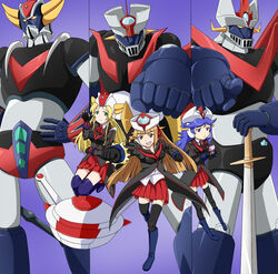  3girls armor black_legwear blonde_hair brown_eyes brown_hair commentary_request gre-chan great_mazinger great_mazinger_(robot) green_eyes grenda-san grendizer helmet holding holding_sword holding_weapon long_hair looking_at_viewer machinery mazinger_(series) mazinger_z mazinger_z_(mecha) mecha multiple_girls personification pleated_skirt purple_background purple_eyes purple_hair red_skirt robot robot_girls_z simple_background skirt smile sword thighhighs ufo_robo_grendizer unsheathed weapon yoshida_keiji z-chan zettai_ryouiki 