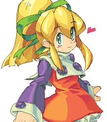  blonde_hair commentary_request coso-ri dress female green_eyes hair_ribbon heart long_hair mega_man_(classic) mega_man_(series) oekaki ponytail ribbon roll_(mega_man) sidelocks solo 