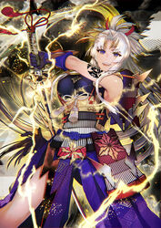  :d armor bad_id bad_pixiv_id bare_shoulders breasts commentary_request copyright_request faulds female floating_hair holding holding_sword holding_weapon japanese_armor katana large_breasts legs_apart lightning long_hair looking_at_viewer open_mouth parted_bangs pelvic_curtain photoshop_(medium) purple_eyes shutsuri smile solo sparks sword tassel tattoo very_long_hair waist_cape weapon white_hair 