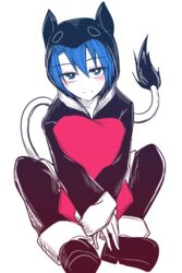  alternate_costume blue_eyes blue_hair blush commentary_request doremy_sweet female full_body head_tilt hood hood_down hugging_object kuroba_rapid looking_at_viewer pajamas pillow pillow_hug short_hair simple_background sitting smile solo tail touhou white_background 