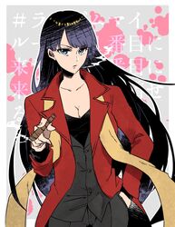  bad_id bad_twitter_id black_hair breasts cigarette cleavage collarbone commentary_request cosplay fate/grand_order fate_(series) female formal green_eyes hair_between_eyes hand_in_pocket kyouna lord_el-melloi_ii martha_(fate) scarf smoke smoking solo stole suit vest waver_velvet waver_velvet_(cosplay) 