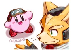  alien ambiguous_gender anthro armor black_nose blush brown_body brown_fur canid canine clothing duo fingerless_gloves fox fox_mccloud fur gloves green_eyes handwear headgear helmet kemo_nuko kirby kirby_(series) male mammal nintendo open_mouth simple_background smile star_fox waddling_head white_background 