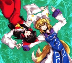  2girls animal_hat ascot bad_id bad_pixiv_id blonde_hair bow brown_eyes brown_hair detached_sleeves fox_tail hair_tubes hairbow hakurei_reimu hat highres long_hair long_sleeves lying mob_cap multiple_girls multiple_tails on_back open_mouth short_hair smile tabard tail tassel toluda touhou wide_sleeves yakumo_ran yellow_eyes 