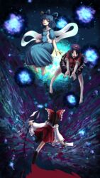  3girls absurdres bad_id bad_pixiv_id barefoot between_fingers blue_eyes blue_hair bow brown_hair commentary_request danmaku detached_sleeves dress flying hair_ornament hair_stick hairbow hakurei_reimu hat highres holding jiangshi kaku_seiga miyako_yoshika multiple_girls nail_polish ofuda open_mouth outstretched_arms ponytail shawl shoes short_hair sitting skirt socks spell_card toluda touhou 