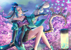  aoandon aqua_nails black_skirt blue_eyes blue_lips breasts cleavage collarbone commentary_request female floating_hair kelinch1 lantern long_hair medium_breasts miniskirt nail_polish off_shoulder onmyoji outstretched_arm pleated_skirt silver_hair sitting skirt solo very_long_hair 