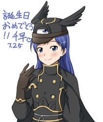  arc_system_works blazblue blue_eyes blue_hair blush cape cosplay female female gloves hat idolmaster imai_asami kisaragi_chihaya long_hair military military_uniform naginoya namco seiyuu_connection smile solo translation_request tsubaki_yayoi tsubaki_yayoi_(cosplay) uniform 