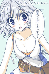  bag belt blue_eyes blush breasts cleavage commentary_request endori farrah_(granblue_fantasy) female granblue_fantasy grey_hair highres looking_at_viewer medium_breasts open_mouth short_hair sleeveless solo translated 