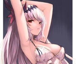  armpits arms_up babydoll bad_id bad_pixiv_id bare_arms bare_shoulders breasts cleavage covered_nipples dark_jeanne female frills granblue_fantasy hair_ornament highres jeanne_d&#039;arc_(granblue_fantasy) koretsuki_azuma long_hair looking_at_viewer md5_mismatch medium_breasts parted_lips red_eyes solo upper_body white_babydoll white_hair 