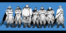  6+boys armor bald beard black_hair cao_cao cao_hong cao_ren cape chinese_clothes commentary_request eyepatch facial_hair goatee highres lamellar_armor lineup moustache multiple_boys partial_commentary photoshop_(medium) scale_armor souten_kouro topknot xiahou_dun xiahou_yuan xu_chu yanakishi zhang_liao 