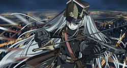  altair_(re:creators) buttons commentary_request double-breasted female gauntlets grey_hair grin gun hat highres holding holding_sword holding_weapon military military_uniform night outdoors parted_lips peaked_cap photoshop_(medium) ppsh-41 rapier re:creators red_eyes sidelocks smile solo submachine_gun sword two_side_up uniform upper_body weapon wu_lun_wujin 