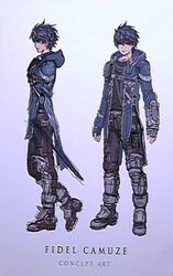  1boy armor black_hair boots coat concept_art fidel_camuze gauntlets greaves hood official_art short_hair standing star_ocean star_ocean_integrity_and_faithlessness sword 