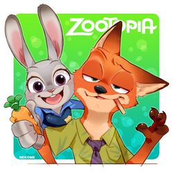  1:1 anthro black_nose canid canine clothing disney duo english_text female fox fur green_eyes grey_body grey_fur happy judy_hopps kemo_nuko lagomorph leporid long_ears male mammal necktie nick_wilde open_mouth orange_body orange_fur pen purple_eyes rabbit text uniform zootopia 