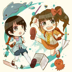  2girls abstract_background black_hair blunt_bangs blush book bow brown_hair clover commentary_request dolphin eraser four-leaf_clover full_body hairbow hisanuma_sayu mary_janes multiple_girls nagi_no_asukara octopus open_book open_mouth orange_skirt outstretched_arm paper_airplane pencil photoshop_(medium) raised_fist ribbon round_teeth ruler shamrock shiodome_miuna shoe_soles shoes short_hair skirt teeth text_focus tomori_chia twintails two_side_up walking 