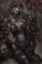  armor arrow artist_name bangs belt between_breasts bikini_armor bow_(weapon) bra braid breastplate breasts cape carrying carrying_over_shoulder chainmail cloak closed_mouth cowboy_shot curly_hair dark_background deviantart_username earrings elf empty_eyes enshanlee expressionless eyelashes feather_trim feathers female fingernails floating_object french_braid gauntlets gloves glowing glowing_eyes hand_on_another&#039;s_head head_tilt highres hood horn horn_ornament horns jewelry leather leather_gloves leg_grab legs_together lips long_eyebrows long_fingernails long_hair looking_afar makeup medium_breasts monster muscle naked_armor navel ornate_armor pale_skin pauldrons pointy_ears quiver red_cape red_cloak red_clothes red_eyes red_lips ring scar scarf shade shoulder_armor shoulder_carry shoulder_pads silver_hair single_glove sitting sitting_on_person sitting_on_shoulder skull solo spikes stitches stomach strap strap_cleavage string sylvanas_windrunner thighs thong underwear warcraft watermark weapon weapon_on_back web_address white_hair wind world_of_warcraft wristband zombie 