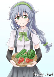  anti_(untea9) bell_pepper blush bow braid commentary_request female food green_eyes green_hairband green_pepper grey_hair hair_ornament hair_scrunchie hairband holding kantai_collection photoshop_(medium) plaid plaid_bow plaid_ribbon plaid_scrunchie potato ribbon school_uniform scrunchie simple_background single_braid skirt smile solo suspenders tomato twitter_username vegetable yamagumo_(kancolle) 