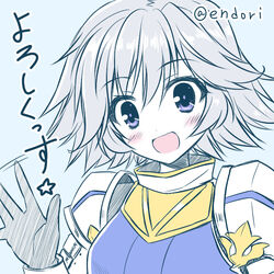  armor blue_armor blue_eyes blush breasts commentary_request endori farrah_(granblue_fantasy) female flipped_hair granblue_fantasy grey_hair looking_at_viewer medium_breasts open_mouth pauldrons short_hair shoulder_armor smile solo translated 