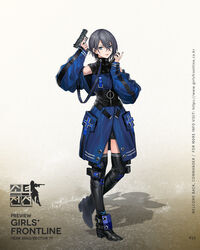  ankle_guards bad_link baggy_clothes black_thighhighs blue_coat blue_eyes boots breasts character_name clothing_cutout coat corset earrings female full_body girls&#039;_frontline grey_hair gun hair_between_eyes handgun highres holding holding_gun holding_magazine_(weapon) holding_weapon infukun jewelry long_sleeves looking_at_viewer magazine_(weapon) official_art p22_(girls&#039;_frontline) parted_lips promotional_art short_hair shoulder_cutout sidelocks skindentation sleeves_past_wrists smile solo standing standing_on_one_leg strap stud_earrings thigh_boots thighhighs trigger_discipline turtleneck walther_p22 watermark weapon zipper 