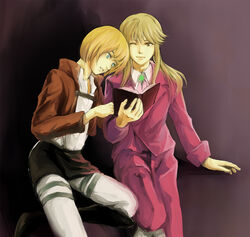  2boys androgynous armin_arlert ascot blonde_hair blue_eyes book brown_eyes commentary_request crossover jacket military military_uniform multiple_boys one_eye_closed open_book paradis_military_uniform photoshop_(medium) reading shingeki_no_kyojin sitting smile umineko_no_naku_koro_ni uniform ushiromiya_lion yuuta_(ruin0811) 