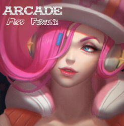  arcade_miss_fortune blue_eyes cabbie_hat chinese_commentary cjh123456 colossus_girls commentary_request female hat headphones league_of_legends miss_fortune_(league_of_legends) official_alternate_costume photoshop_(medium) pink_hair solo 