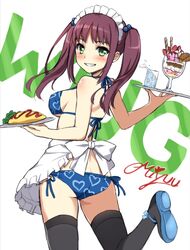  apron bikini blue_bikini brown_hair commentary cup drinking_glass female food glass green_eyes highres long_hair looking_at_viewer okamoto_miyu omelet omurice parfait solo swimsuit tonee twintails waitress wake_up_girls! 