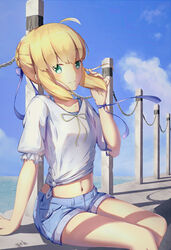  ahoge alternate_costume arm_support artist_name artoria_pendragon_(fate) blonde_hair blue_ribbon blue_shorts braid braided_bun chains cloud commentary_request crop_top day denim denim_shorts fate/stay_night fate_(series) female hair_bun midriff navel outdoors railing ribbon saber_(fate) shadow short_shorts shorts sitting smile solo thighs water yeh_(354162698) 