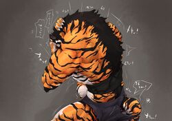  2015 anthro biceps big_muscles biped bottomwear captainjohkid claws clothed clothing detailed digital_media_(artwork) felid fur growth hand_behind_head hand_on_head huge_muscles japanese_text male mammal multicolored_body multicolored_fur muscle_growth muscular muscular_anthro muscular_male orange_body orange_fur pantherine rear_view shirt shorts simple_background solo standing striped_body striped_fur stripes tail tail_growth text tiger topless topwear torn_clothing transformation were werefelid werepantherine weretiger white_body white_fur 