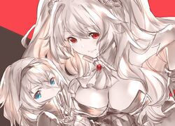  2girls anne_bonny_(fate) ascot blue_eyes breasts closed_mouth commentary_request covered_mouth fate/grand_order fate_(series) gloves hair_between_eyes hairband large_breasts long_hair mary_read_(fate) mirei_kh13 multiple_girls red_eyes scar scar_on_face short_hair skull smile twintails 