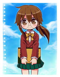  blazer blue_sky blush bow brown_bow brown_eyes brown_hair brown_jacket closed_mouth cloud cloudy_sky collared_shirt commentary_request cowboy_shot day dress_shirt female ga_geijutsuka_art_design_class glasses green_skirt hair_between_eyes holding jacket long_hair long_sleeves looking_at_viewer low_ponytail naga_u outdoors pleated_skirt ponytail round_eyewear shirt sidelocks skirt sky smile solo white_shirt yamaguchi_kisaragi 